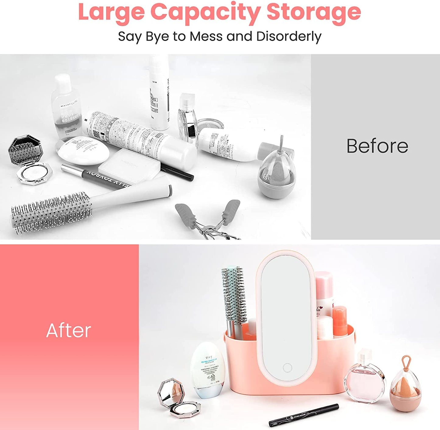 Portable Travel Makeup Cosmetics Organizer Touch Light Mirror Storage Makeup Case